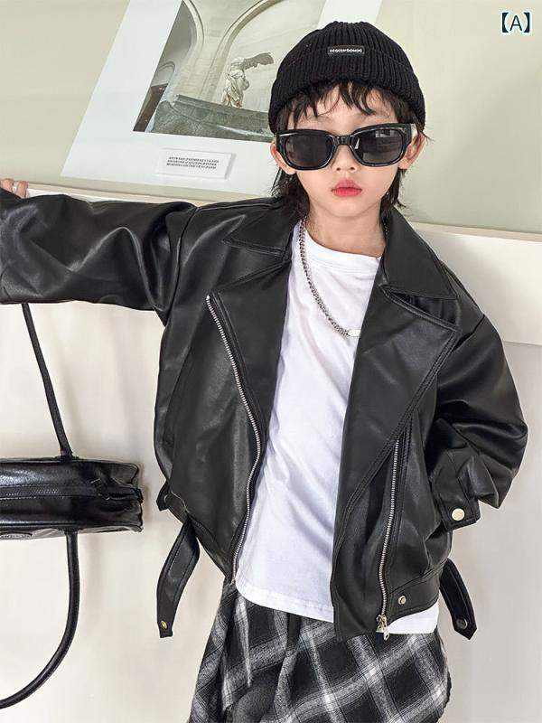 アウター 子供 男の子 春秋 ショート丈 PUレザー ライダース 韓国風 カジュアル ストリート ユニセックス お洒落 無地 ジップアップ ブラック ブラウン