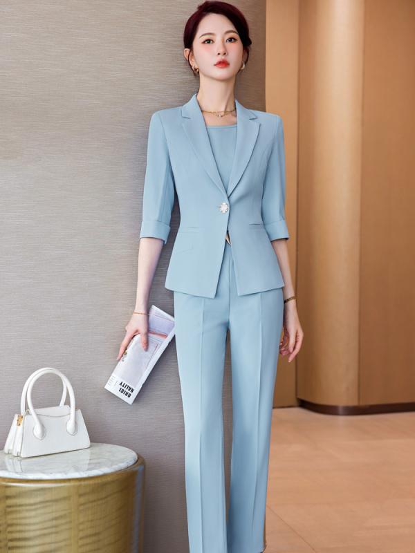 スーツ レディース 女性用 セットアップ 春夏 薄手 おしゃれ ファッション エレガント 上品 淑女 高級感 ビジネス オフィス 通勤 テーラード 五分袖 九分丈パンツ