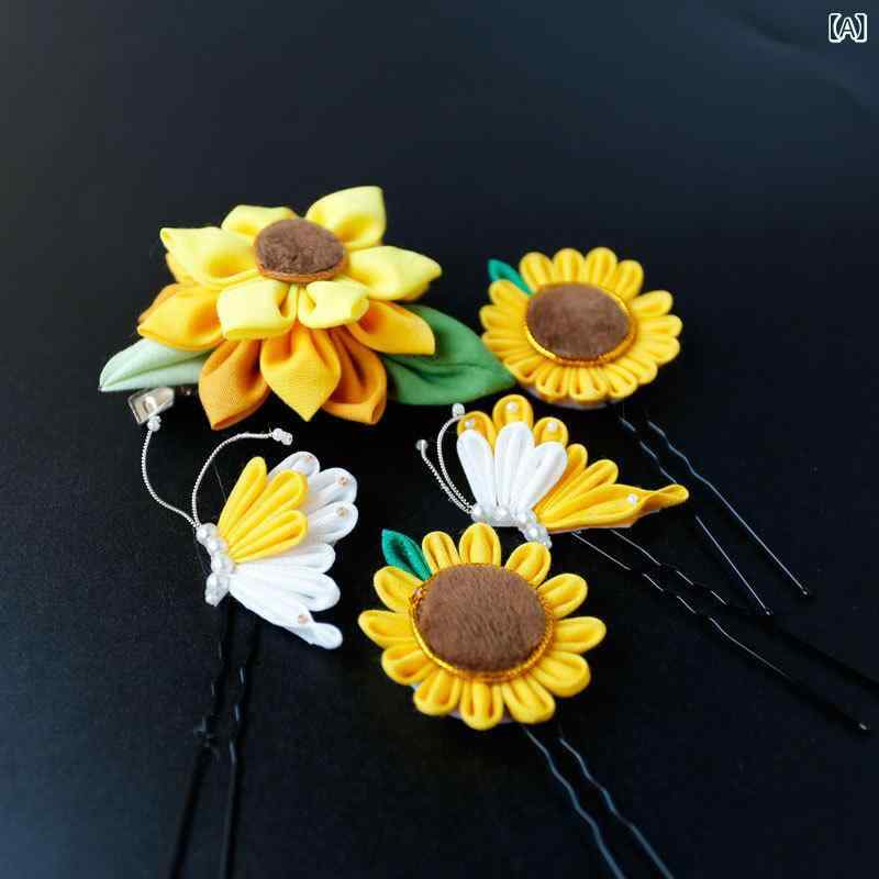 ヘアアクセサリー レディース オリジナルデザイン ハンドメイド 布製 細工花 髪飾りセット 和装小物 ナチュラル ひまわり 黄色 ヘアクリップ|Hanbok Home