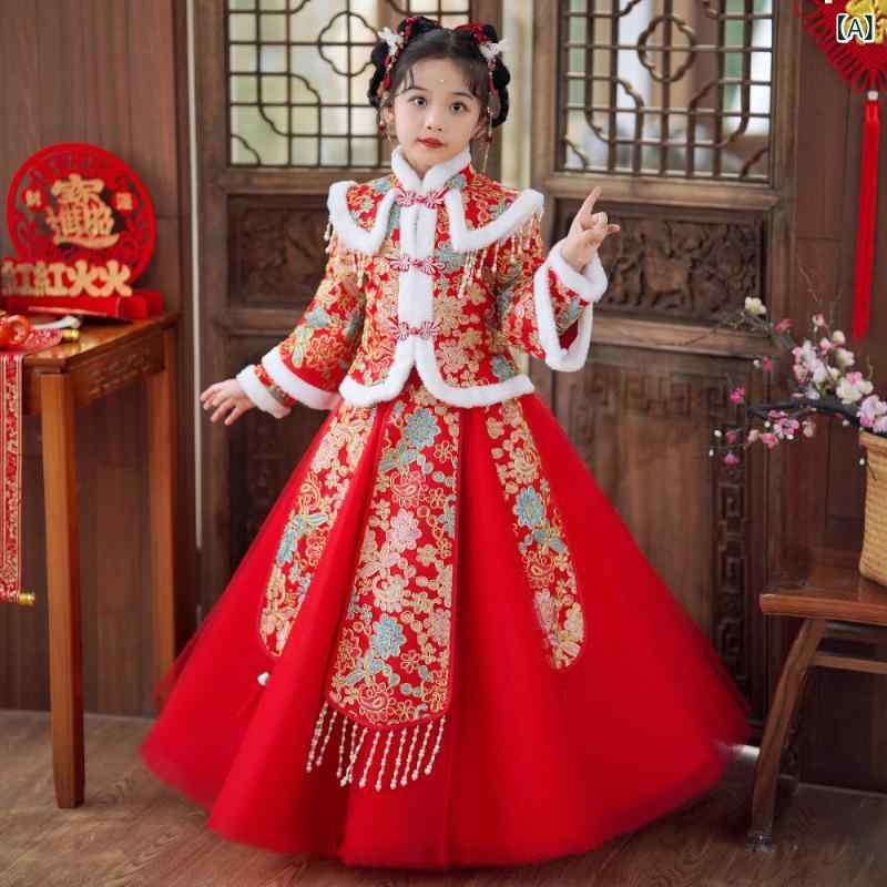 チャイナドレス 女の子 子供 お正月 祝い着 漢服ドレス 裏起毛 厚手 冬用 唐装 中国風 古風 ポリエステル素材 2点セット シャンパン色 レッド