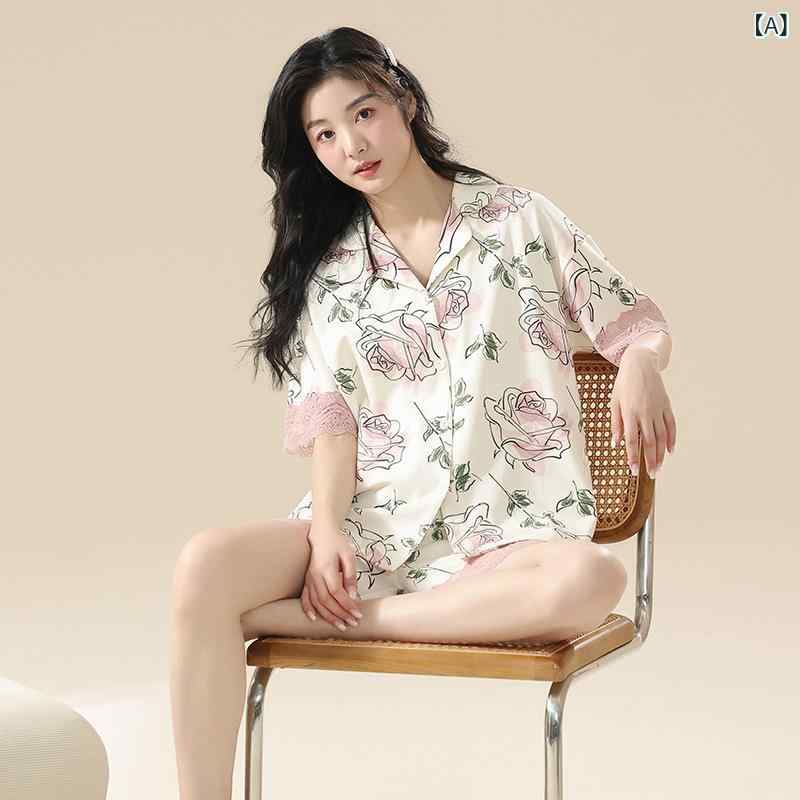 ルームウェア レディース パジャマ 夏物 綿 半袖 ショートパンツ セットアップ 前開き 襟付き 薄手 涼しい 通気性 快適 プリンセス風 かわいい 外着可能 ワンマイル ホームウェア