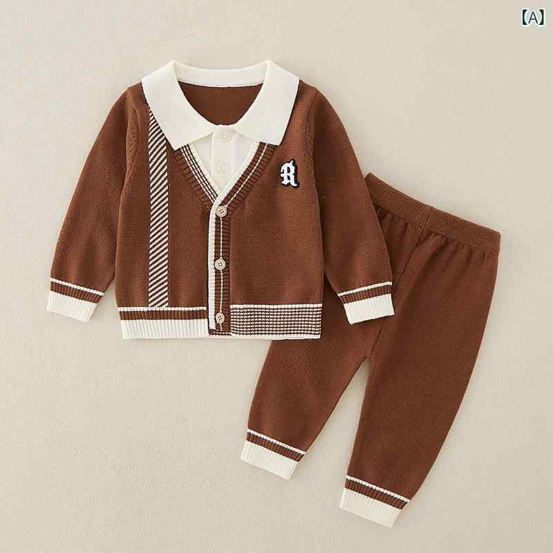 ベビー服 赤ちゃん 男の子 女の子 春秋 ニット カーディガン セーター パンツセット セットアップ 2点セット カジュアルジャケット 羽織り インナー アウター 普段使い お出かけ 柔らかい 肌触り ポリエステル 無地 ブラウン イエロー