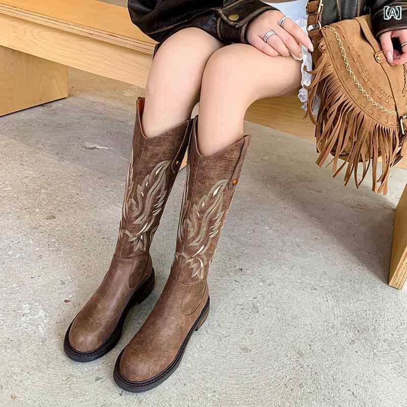 ロングブーツ レディース 女性用 ウエスタン カウボーイ フレンチスタイル レトロ ヴィンテージ 刺繍 Vカット ラウンドトゥ ブロックヒール ミドルヒール 膝下丈 牛革 レザー プルオン スリッポン ゴム底 安定感 履きやすい 快適 裏起毛 あったか |Hanbok Home