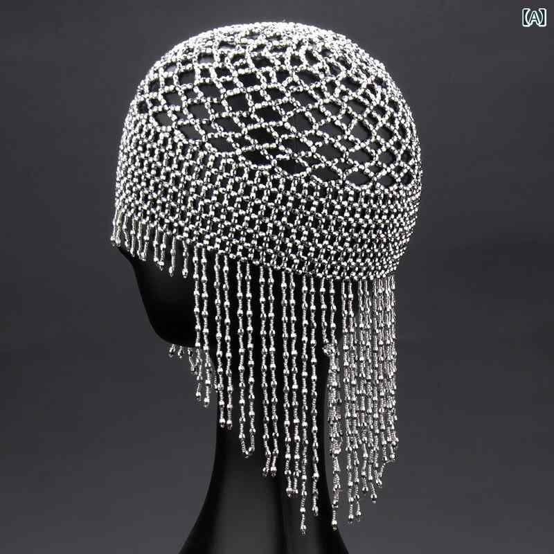 ヘッドドレス レディース ベリーダンス 舞台用 手作りビーズ ロングタッセル ヘアアクセサリー 発表会 イベント 結婚式 ブライダル ポリエステル シルバー ゴールド ブラック