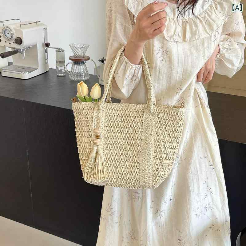 バッグ レディース 大容量 手提げ 編み込み ストロー 麦わら トート ショルダーバッグ ビーチ リゾート バカンス 日常使い 夏 サマー 鞄 オフホワイト アイボリー ライトブラウン ベージュ 縦型 ファスナー スマホポケット