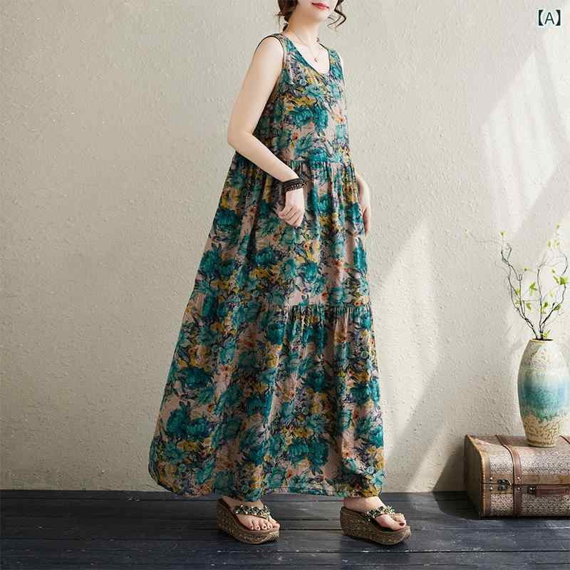 ワンピース レディース 半袖 ロング丈 Aライン ボヘミアン シンプルナチュラル ゆったり 体型カバー リネン 花柄 クルーネック 春夏 ブラウン 緑 フリーサイズ