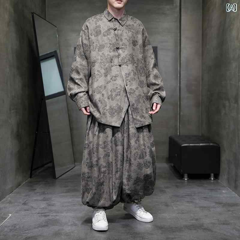 セットアップ メンズ 中国風 長袖 ティーシャツ ロングズボン下 コール天 瀬戸もの名取り草 一巻の終わり柄 足関節天然ゴム ワイドレッグ 綿織物混紡 心地好い 普段使い走り 秋冬 黒薄墨色 赤銅色
