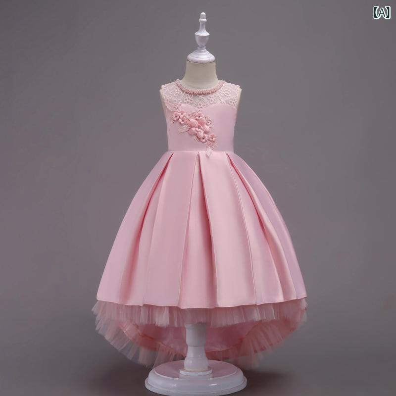 ドレス ジュニア 女の子 プリンセス風 レース ロング丈 トレーン ノースリーブ 結婚式 発表会 パーティー 演奏会 フォーマル ふんわり ボリューム ポリエステル コットン