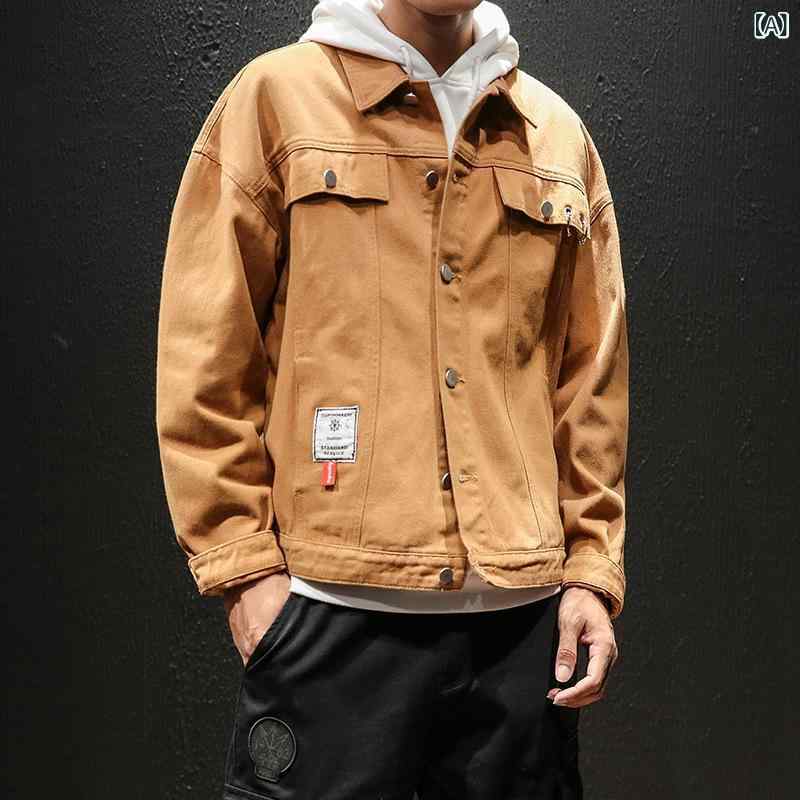 ジャケット メンズ 男性用 デニムジャケット オーバーサイズ ゆったり 日本風 レトロ ファッション トレンド カジュアル ストリート 普段使い 秋冬 長袖 無地 ジージャン ポケット付き イエロー ブラック