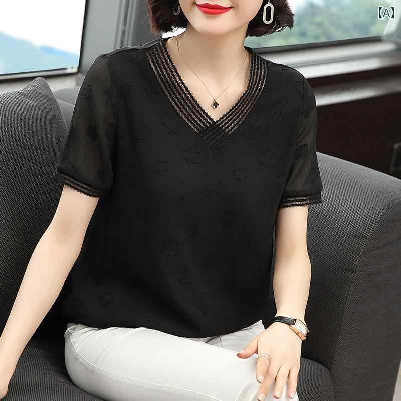 Tシャツ レディース シフォン 半袖 Vネック レース 切り替え トップス ゆったり 体型カバー 上品 きれいめ ママ ミセス 春夏 通勤 おしゃれ 無地 ブラック ポリエステル