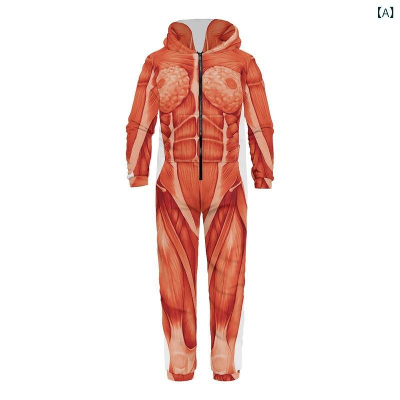 オールインワン メンズ レディース 男性用 女性用 長袖 筋肉プリント柄 ゆったり ビッグシルエット カジュアル 普段使い 部屋着 ポリエステル つなぎ 大きいサイズ ビッグサイズ