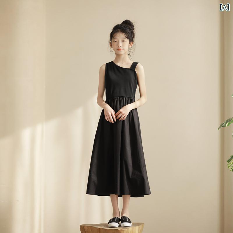 ワンピース ガールズ ノースリーブ ロング丈 ブラック ヘップバーン風 親子コーデ 韓国風 コットン フレア Aライン シンプル エレガント 春夏秋 お出かけ