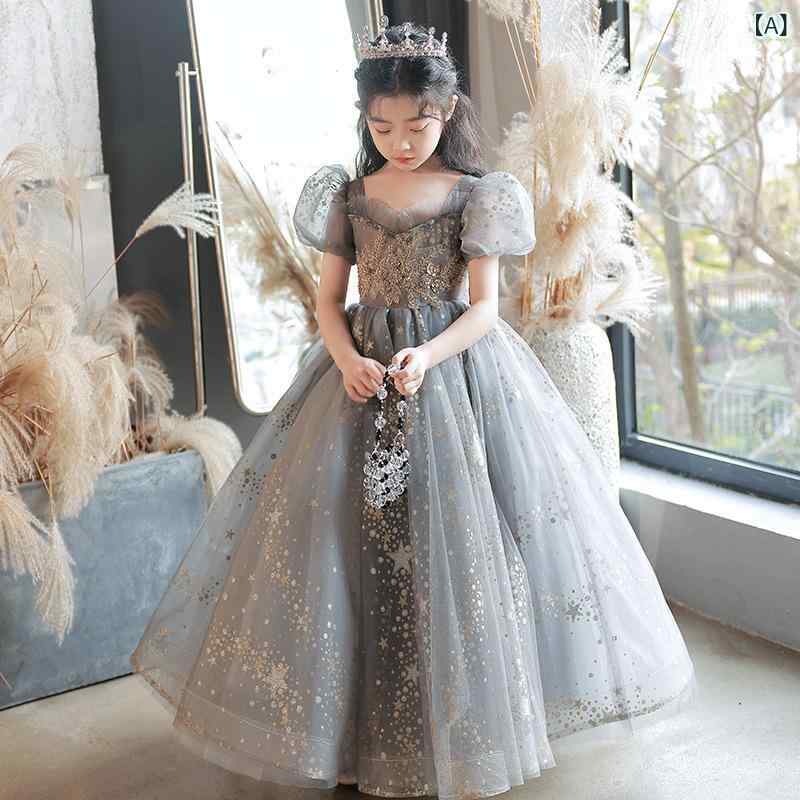 ドレス 女の子用 女児 フォーマルドレス プリンセス ピアノ発表会 結婚式 フラワーガール パーティー セレモニー 高級感 ポリエステル グレー ロング丈 ショート丈
