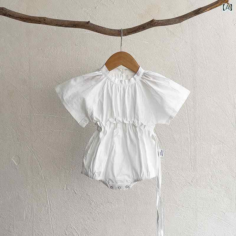 ロンパース ベビー 女の子 赤ちゃん 乳幼児 1-3歳 カバーオール ボディスーツ フリル袖 ラッフルスリーブ リボン 半袖 綿 コットン 春夏 上品 かわいい 韓国風 オフホワイト ピンク 普段使い 部屋着
