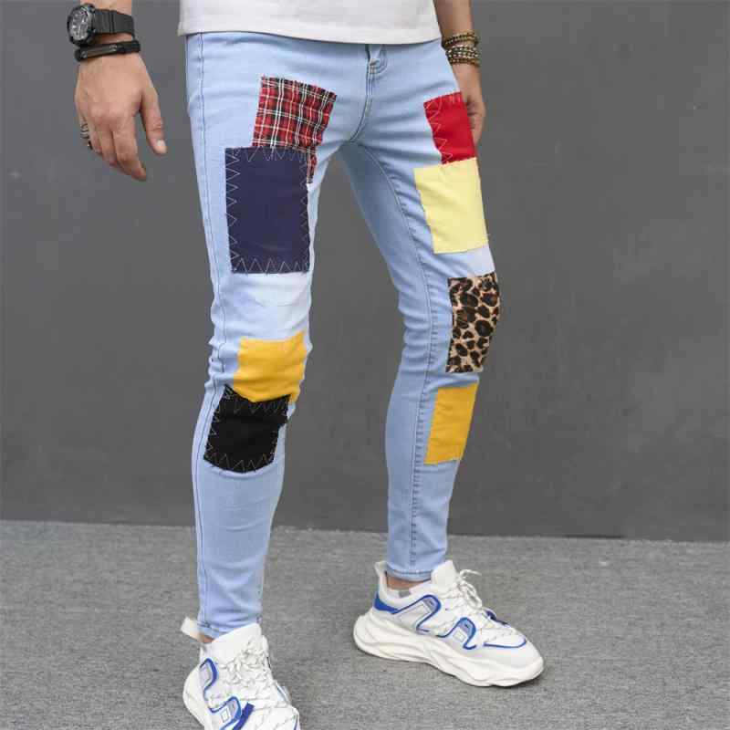 デニムパンツ メンズ スキニー スリムフィット ライトブルー 淡青色 パッチワーク ダメージ ウォッシュ ヴィンテージ シワ ブリーチ ヒゲ加工 綿 コットン ミドルウエスト カジュアル ジーンズ
