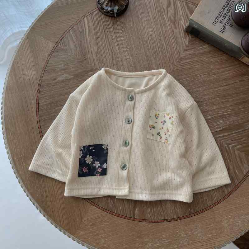 カーディガン ベビー 男の子 女の子 春秋 小花柄 アップリケ 長袖 クルーネック 丸首 ダブルレイヤー シングルボタン 綿 コットン 厚手 柔らかい ユニセックス アウター 羽織り ベージュ ライトカーキ