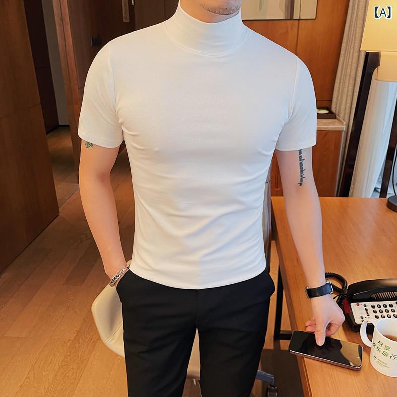Tシャツ メンズ 半袖 スリムフィット モックネック 無地 インナー トップス カットソー 普段使い カジュアル 伸縮性 快適 綿混素材 春秋 白 黒 紺