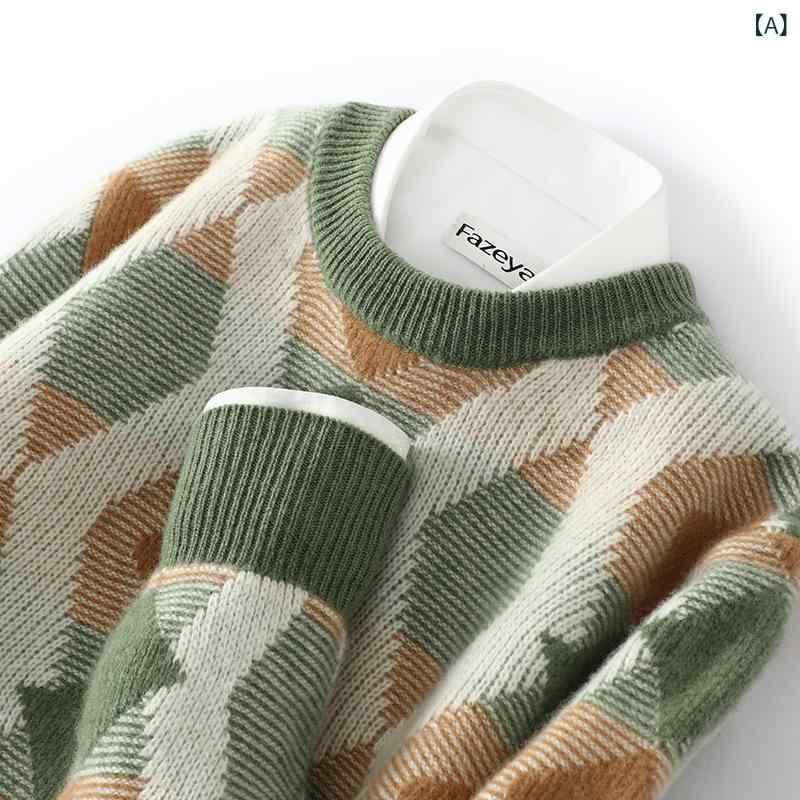 ニット メンズ 純カシミヤ ウール クルーネック 丸首 切り替え 配色 厚手 長袖 リラックスフィット 快適 上品 ビジネス 通勤 カジュアル 普段使い 秋冬 オリーブグリーン 湖水色