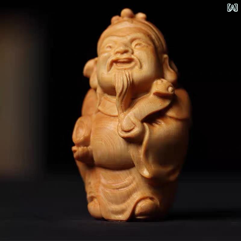 置物 財神様 金運アップ 開運招福 太行崖柏 小葉紫檀 黄楊木 木彫り 精巧彫刻 卓上 縁起物 インテリアオブジェ