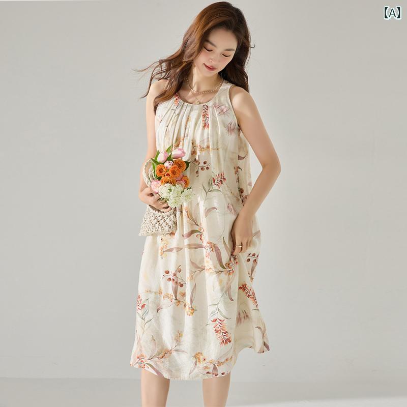 ワンピース レディース ノースリーブ ホルターネック ボタニカル 花柄 プリント ゆったり 体型カバー 着痩せ Aライン ロング丈 マキシ丈 リゾート カジュアル コットン 綿混 オフホワイト 春夏