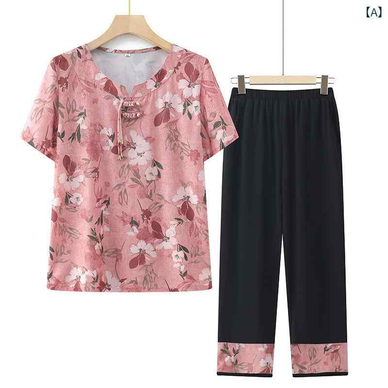 ツーピース ミセス 女性用 半袖Tシャツ ブラウス 九分丈パンツ ゆったり リラックス 体系カバー 上品 エレガント チャイナ風 エスニック 春夏 普段使い お出かけ 薄手 ポリエステル