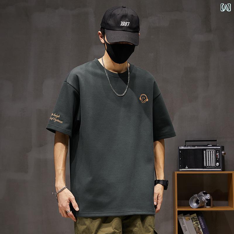 Tシャツ メンズ 半袖 夏 トップス ゆったり オーバーサイズ クルーネック スマイル刺繍 綿 カジュアル 通気性 吸湿速乾 ビッグシルエット