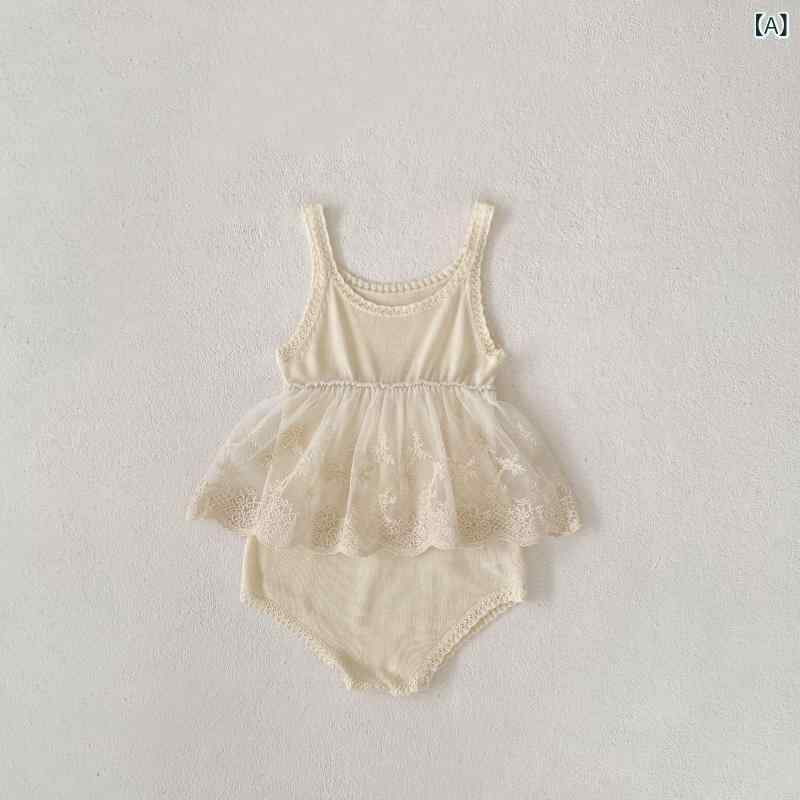 ロンパース カバーオール ベビー 女児 春夏 シンプル レース 切り替え キャミソール ワンピース 薄手 レーヨン オフホワイト 普段着 お出かけ