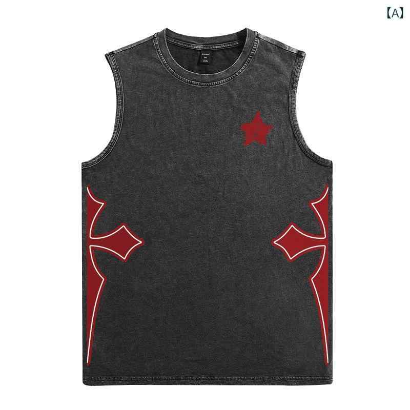 Tシャツ メンズ 男性用 ノースリーブ タンクトップ 欧米 ストリート レトロ ヴィンテージ プリント ウォッシュ加工 クルーネック 丸首 ゆったり ルーズ オーバーサイズ 大きいサイズ ビッグシルエット 夏 カジュアル 綿