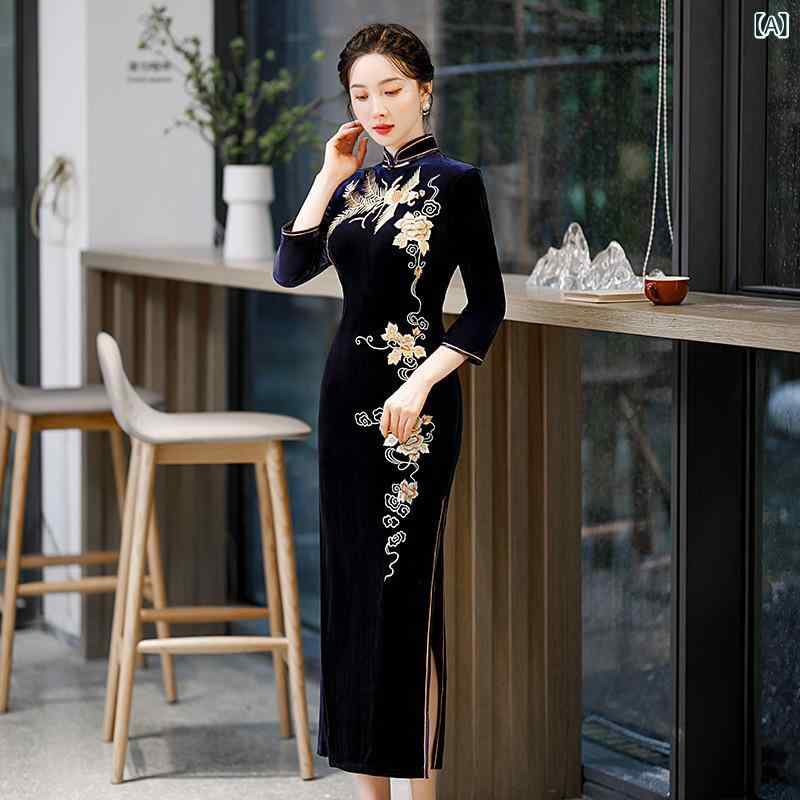 チャイナドレス レディース 婦人服 中国風 レトロ モダン 刺繍 金糸ベロア ポリエステル クルーネック 丸襟 ロング丈 スリムフィット 細身 七分袖 7分袖 ミセス ママ向け 大人 おしゃれ エレガント お呼ばれ 食事会 春秋