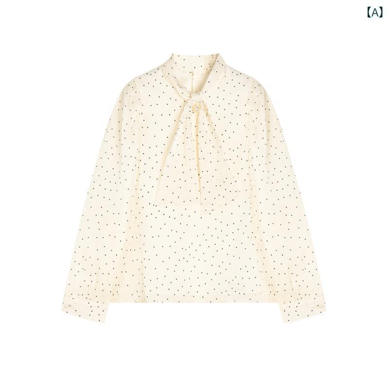 シャツ レディース 春夏 フレンチ レトロ クラシカル ドット柄 水玉 パール リボン ラメ シアー パフスリーブ 長袖 ゆったり スタンドネック プルオーバー ミドル丈 ホワイト 白 ポリエステル