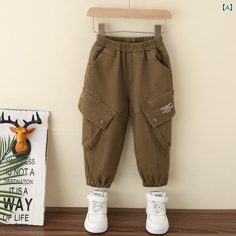 パンツ 男の子 キッズ 小中学生 ジュニア カジュアルパンツ カーゴパンツ ワークパンツ 長ズボン 綿 コットン 無地 春秋 普段使い 通学 通園 着回し抜群 カーキ ブラック