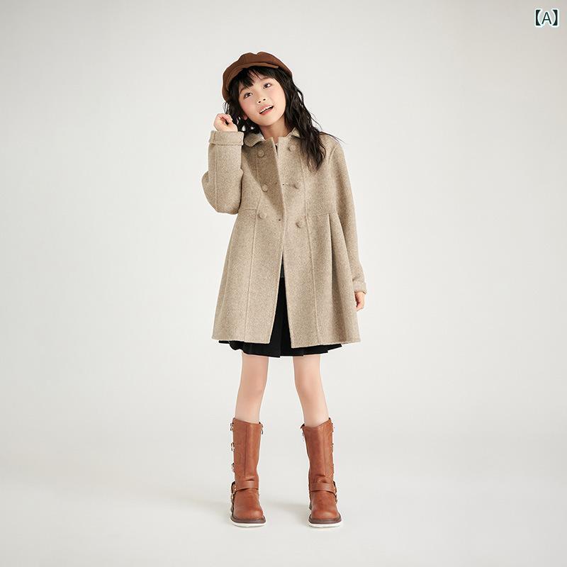 キッズ 御姉さん 羊毛厚地の外套 毛糸厚地の外套 秋冬 朦々たる 防寒 生あたたかい 後ばらい襟 お人形さん色合い ダブル名取り草 真っただ中丈 雅びやか 愛くるしげ 心地よい アウター 小学生 赤ちゃん