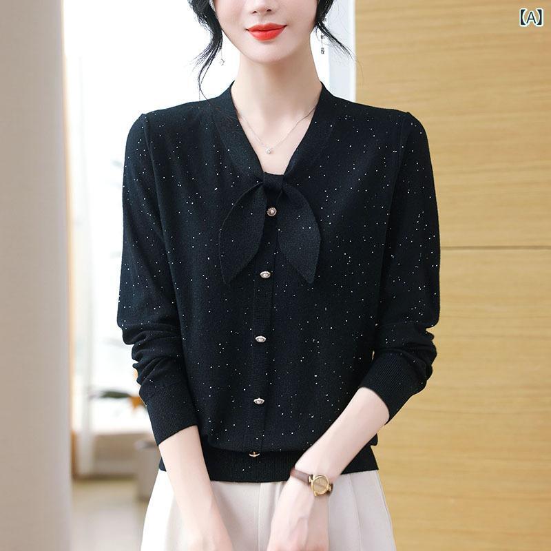 ニット レディース 上品 若見え リボン 長袖 Tシャツ ラメ インナー ショート丈 トップス アクリル ポリエステル ゆったり 配色切り替え シャツ襟 きれいめ オフィス カジュアル 秋冬