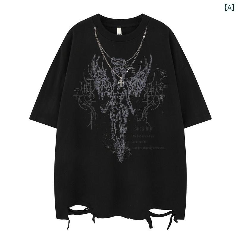 Tシャツ メンズ 男性用 半袖 ネックレスデザイン ゆったり ストリート トレンド 個性派 ペアルック カップル 若者 綿 コットン 夏 カジュアル ブラック ホワイト 黒 白 色落ちしにくい