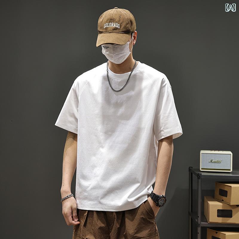 Tシャツ メンズ トップス 男性用 切り替え 半袖 無地 韓国風 シンプル カジュアル ゆったり オーバーサイズ クルーネック 綿混 通気性 デイリーユース 春夏