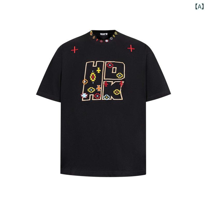 Tシャツ ユニセックス 男女兼用 アメリカンヴィンテージ アメカジ ストリート ヒップホップ クロス ロゴ刺繍 切り替え オーバーサイズ 5分袖 綿 カジュアル 夏 普段使い ブラック ネイビー グレー