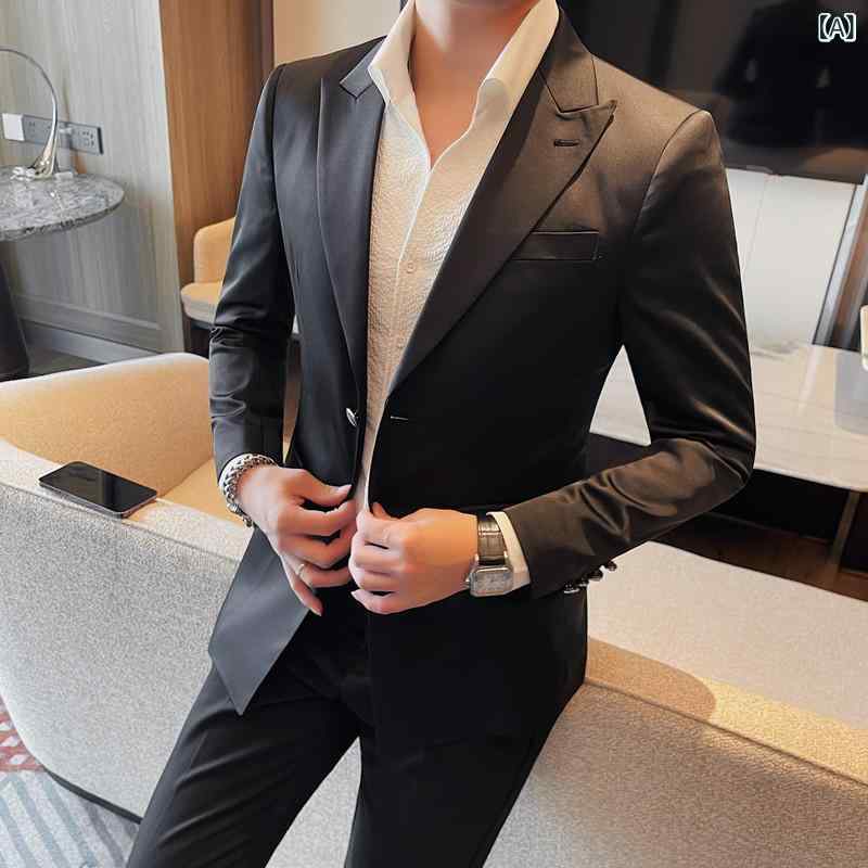 テーラードジャケット メンズ 男性用 春 春夏 シングルブレスト 二つボタン スリムフィット 細身 光沢 シャイニー ノーアイロン シワになりにくい 色落ち防止 ビジネス オフィス カジュアル ビジネスカジュアル 通勤 ポリエステル ブラック グリーン｜Hanbok Home