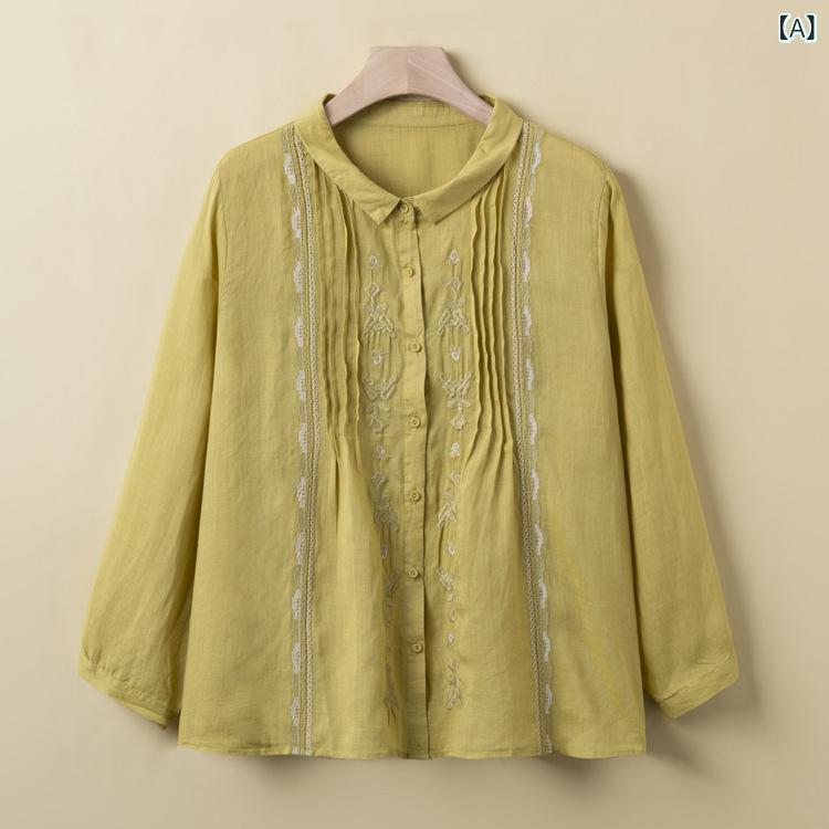 シャツ レディース ミセス向け 刺・墸 レトロ 綿麻混紡 トップス ブラウス ゆったり ルーズフィット 大人カジュアル 体型カバー 春夏 ポケット付き マスタード ピンク