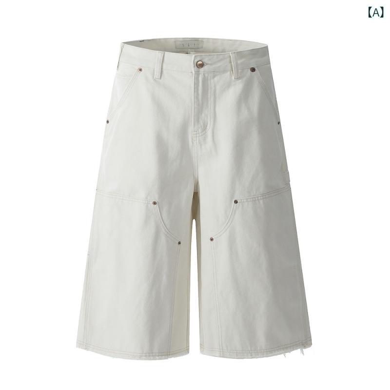 デニム ショートパンツ メンズ ストリート カジュアル ウォッシュ加工 マルチポケット カーゴ ワイド ストレート 切りっぱなし デザイン ゆったり リラックスフィット 5分丈 夏 普段着