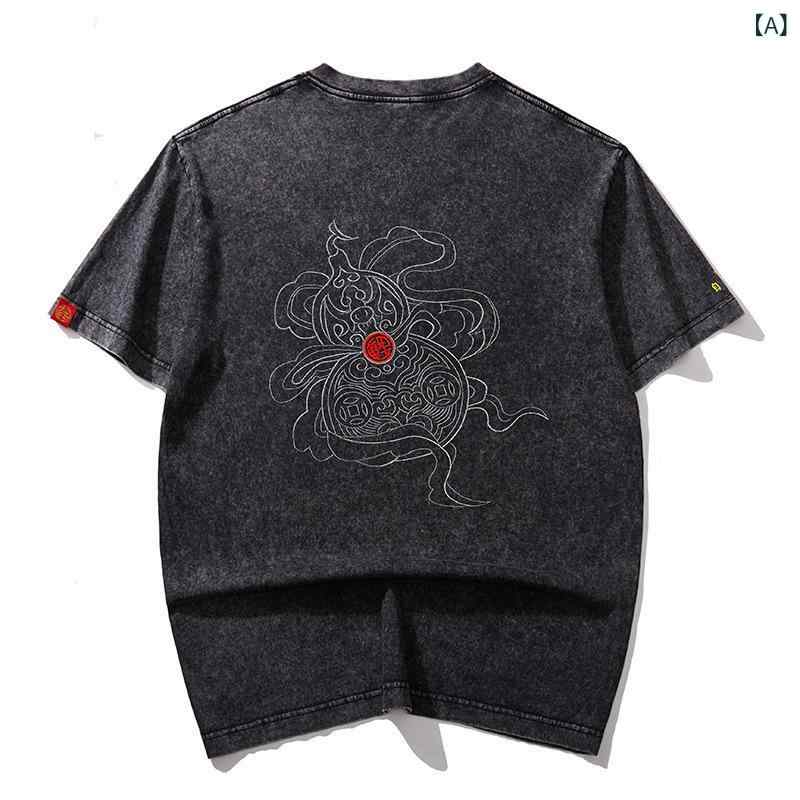 Tシャツ メンズ ユニセックス 春夏 豪華刺繍 レトロモダン 吉祥柄 ウォッシュ加工 綿 コットン ゆったり ルーズシルエット 半袖 ショートスリーブ 通気性 普段使い カジュアル トップス ブラック ブラウン