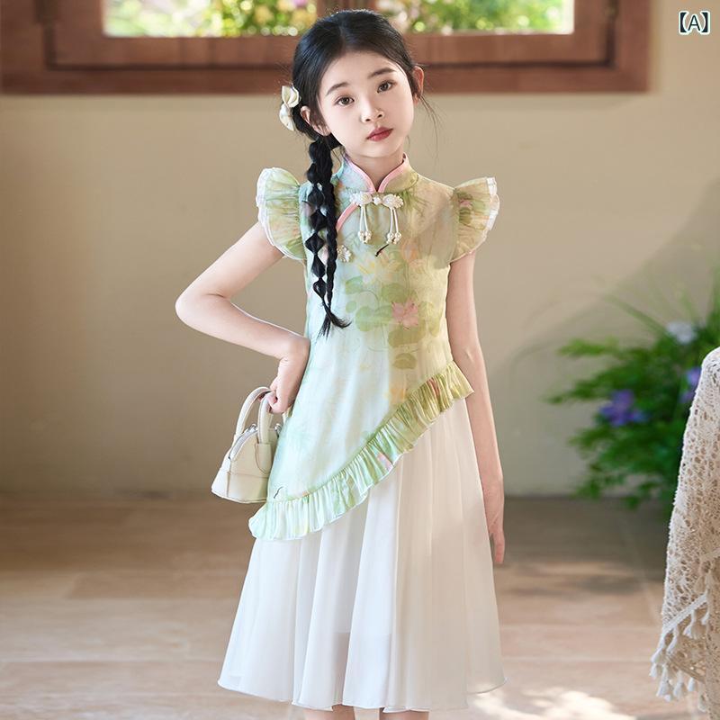 漢服 女の子 キッズ ガールズ 改良 チャイナドレス 中国風 古風 唐装 上品 エレガント かわいい ソフト加工 薄手 ポリエステル 夏 ミントグリーン 普段使い イベント 衣装 発表会