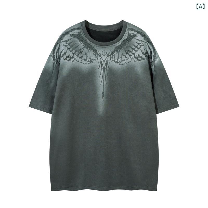 Tシャツ メンズ 春夏 アメリカンストリート アメカジ ストリート系 天使の羽 刺繍 スエード調 半袖 ゆったり ルーズフィット ドロップショルダー クルーネック ポリエステル 通気性 吸湿速乾 カジュアル 普段使い