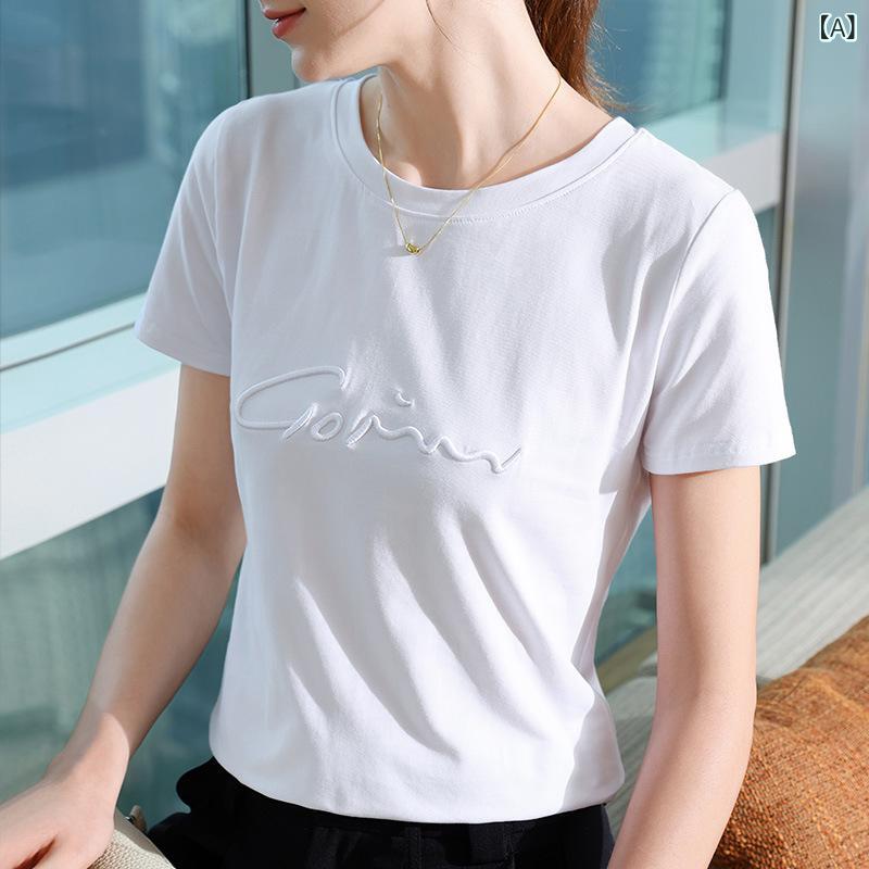 Tシャツ レディース 女性用 ベーシック クルーネック 半袖 レター刺繍 スリムフィット 綿 コットン 無地 トップス 春夏 カジュアル 通勤 オフィス きれいめ おしゃれ