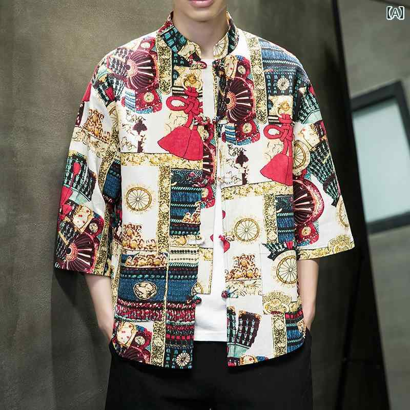 チャイナシャツ 男性用 ゆったり 盤ボタン スタンドカラー レトロ 小花柄 七分袖 綿麻 通気性 薄手 リゾート ビーチ カジュアル 普段使い 夏