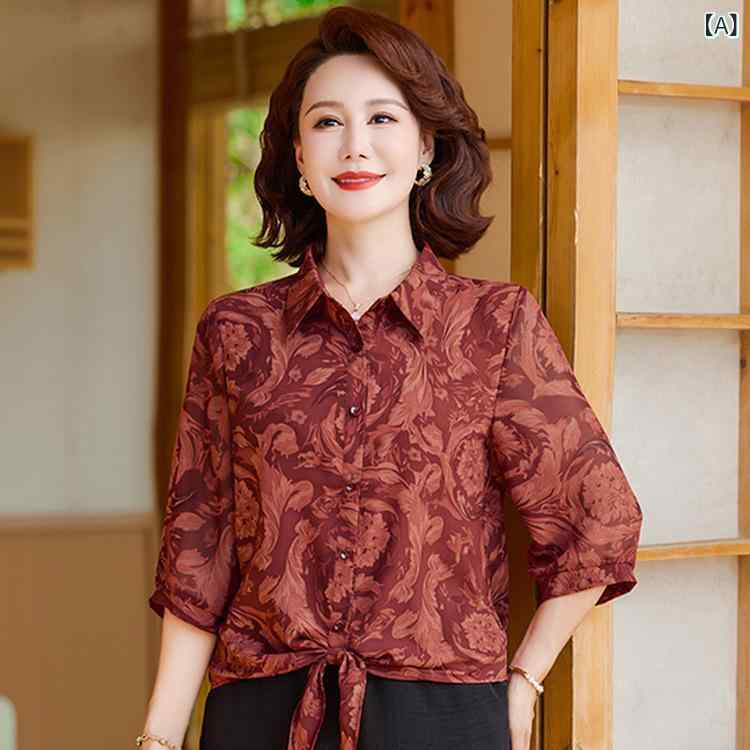 トップス レディース 春夏 ポロ襟 軽量 薄手 通気性 花柄 Tシャツ ブラウス 七分袖 細見え 着痩せ ポリエステル 配色切り替え カジュアル 通勤 オフィス 普段使い レッド系 ブルー系 4,236円