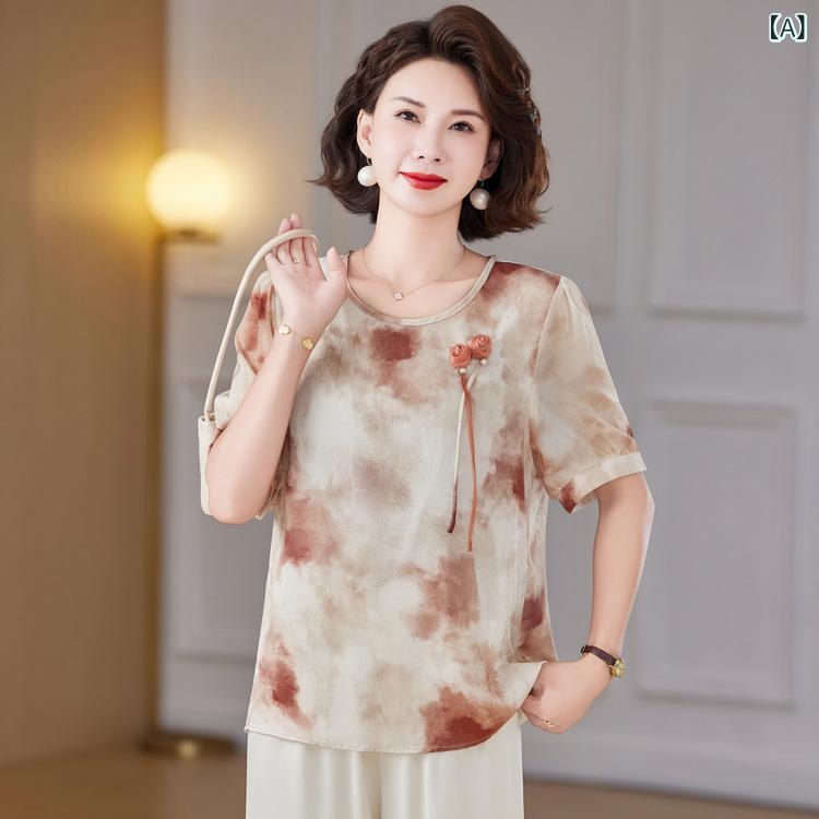 Tシャツ ミセス 女性 半袖 花柄 プリント ゆったり オーバーサイズ 体型カバー お腹カバー ラウンドネック 丸首 カジュアル トップス カットソー ブラウス シャツ ポリエステル素材 春夏 お出かけ 普段使い レッド グリーン