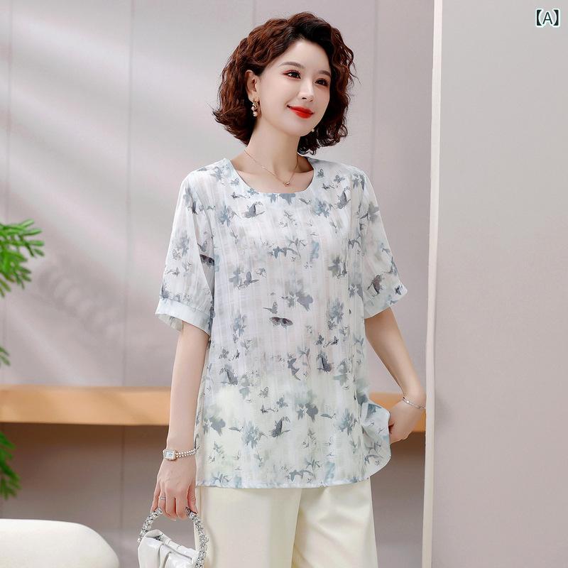 Tシャツ ミセス 女性用 大きいサイズ ゆったり 体型カバー 半袖 春夏 花柄プリント クルーネック ポリエステル ゆるシルエット おしゃれ 上品 カジュアル 通勤 オフィス 普段使い
