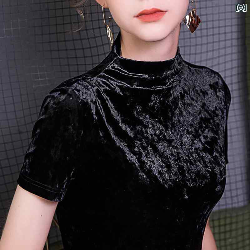 Tシャツ レディース 女性用 秋 高級感 ジルコニアベロア モックネック ハイネック 半袖 スリムフィット タイト インナー プルオーバー レトロ カジュアル カットソー｜Hanbok Home