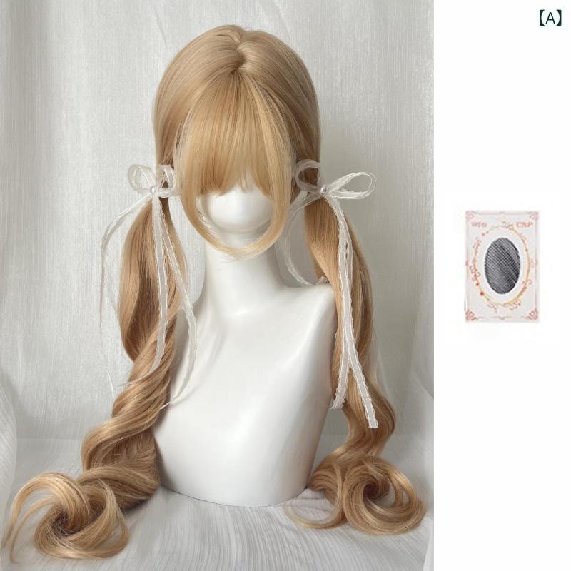 フルウィッグ レディース 80cm ロングカール ウェーブ ぱっつん前髪 ロリータ系 スウィート ナチュラル ミルクティー プラチナブロンド 耐熱ファイバー 小顔効果 ボリュームアップ