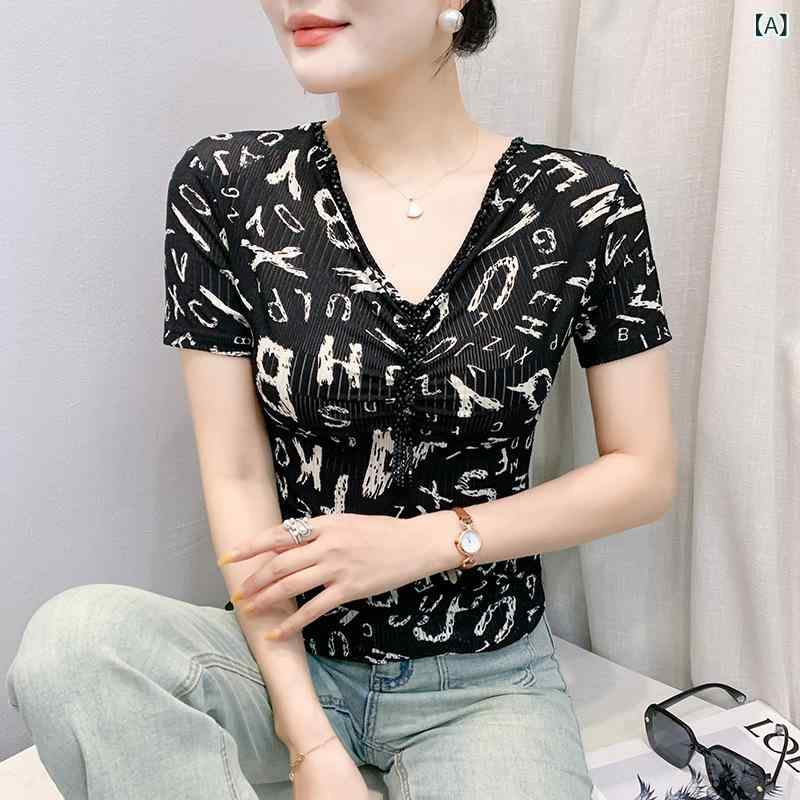Tシャツ レディース Vネック 半袖 メッシュ素材 ビーズ装飾 切り替え ヒョウ柄 ストライプ柄 スリムフィット おしゃれ きれいめ カジュアル オフィス 通勤 春夏 トップス